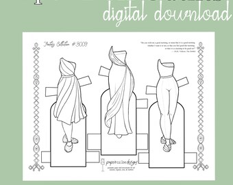 May include: Black and white digital download of paper doll outfits. The image features three fantasy-themed outfits with intricate details. Text includes "Paper Doll Outfits digital download" and "Fantasy Collection #3009". The listing is for a digital download.