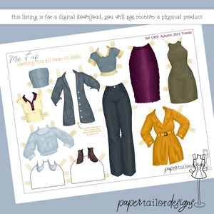 May include: A digital download featuring paper doll clothing. The set includes a variety of autumn-themed outfits, such as a long coat, skirt, pants, and dresses. The text on the image reads "Mix it up clothing fits all base 01 dolls" and "Set 1005: Autumn 2021 Trends."