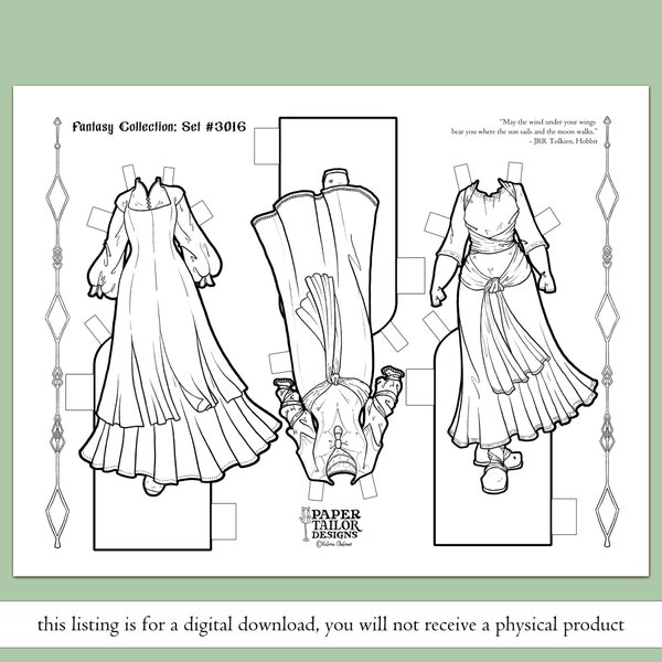 Fantasy Paper Doll Clothes Printable - Coloring Page with Outfits - Digital Download Kids Activity