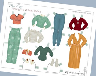 Casual Christmas Paper Doll Clothes Printable - Full Color Modern Outfits - Digital Download Kids Activity