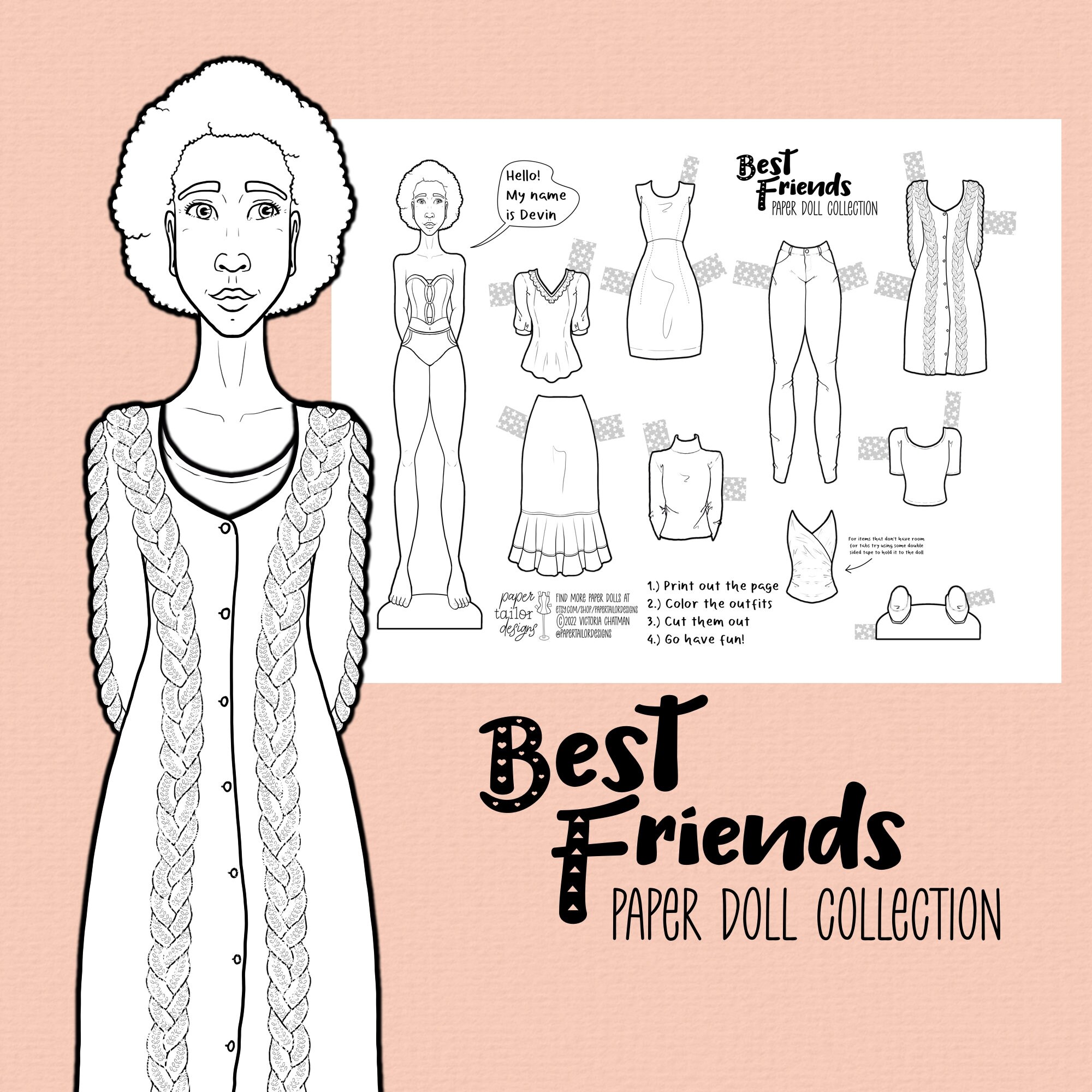 Devin the Paper Doll Coloring Page With Outfits Digital - Etsy
