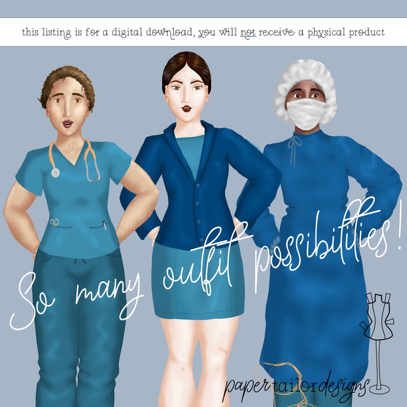 Vet Tech Paper Doll Clothes Printable Full Color Outfits and Greeting