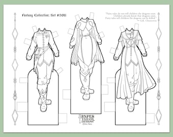 May include: Black and white line art of three fantasy-themed paper doll outfits. The outfits include jackets, tunics, and boots. The text reads "Fantasy Collection: Set #3011" and a quote by G.K. Chesterton. The listing is for a digital download.