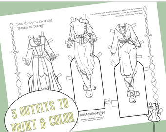 Fantasy Paper Doll Clothes Printable (Base 03) - Coloring Page with Outfits - Digital Download Kids Activity