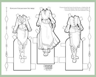 May include: Black and white fantasy paper doll set with three outfits. The set includes a jacket and pants, a long dress, and a tunic with pants and boots. The text reads "Fantasy Collection: Set #3017".