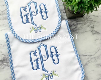 Monogrammed Baby Gift Set | Bib and Burp Cloth | Hooded Towel | Blue Gingham Seersucker