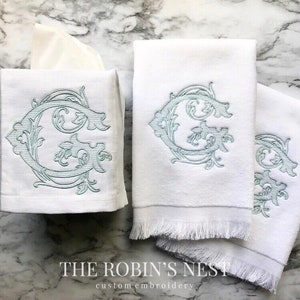 Antique Double Monogrammed Fingertip Towels and monogrammed linen tissue cover | Embroidered Hand Towels | Embroidered Linen Tissue Cover