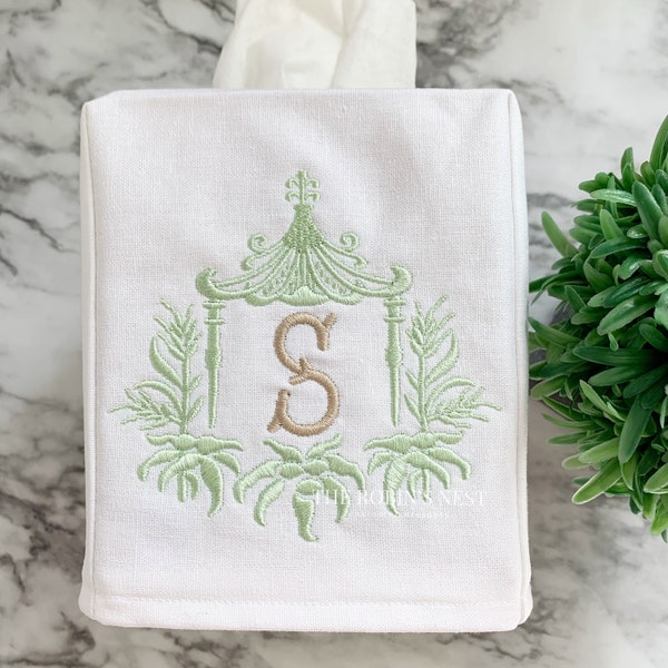 Monogrammed Pagoda Linen Tissue Box Cover Square Embroidered