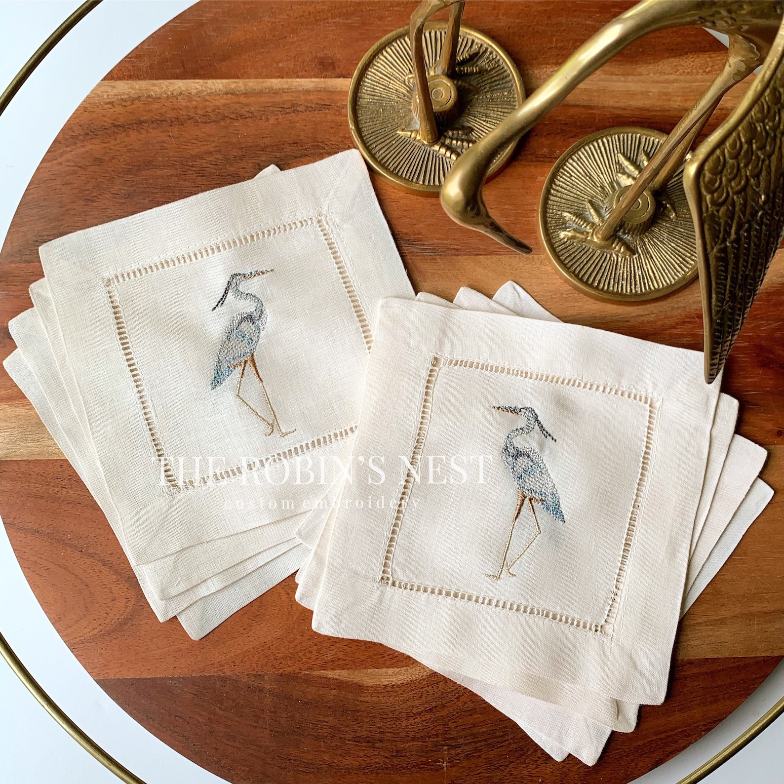 Embroidered Heron Linen Cocktail Napkins Monogrammed Etsy