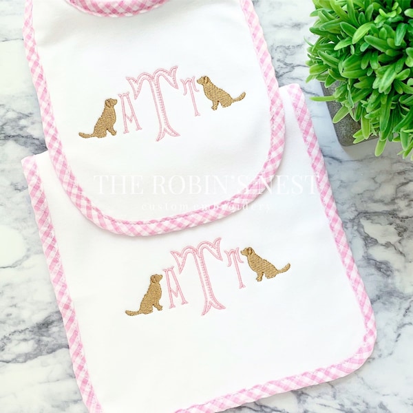 Golden Retriever Pink Gingam Monogrammed Baby Girl Bib and Burp Cloth Set