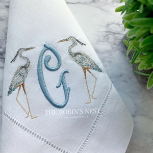 Blue heron embroidered monogrammed linen dinner napkins | Egret linen dinner napkins