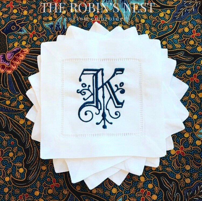 Monogrammed Linen Cocktail Napkins Hemstitched Embroidered Etsy