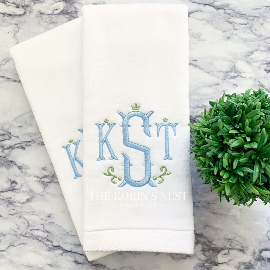 Monogrammed Velour Hand Towels and Monogrammed Linen Tissue Cover Bathroom Hand Towels