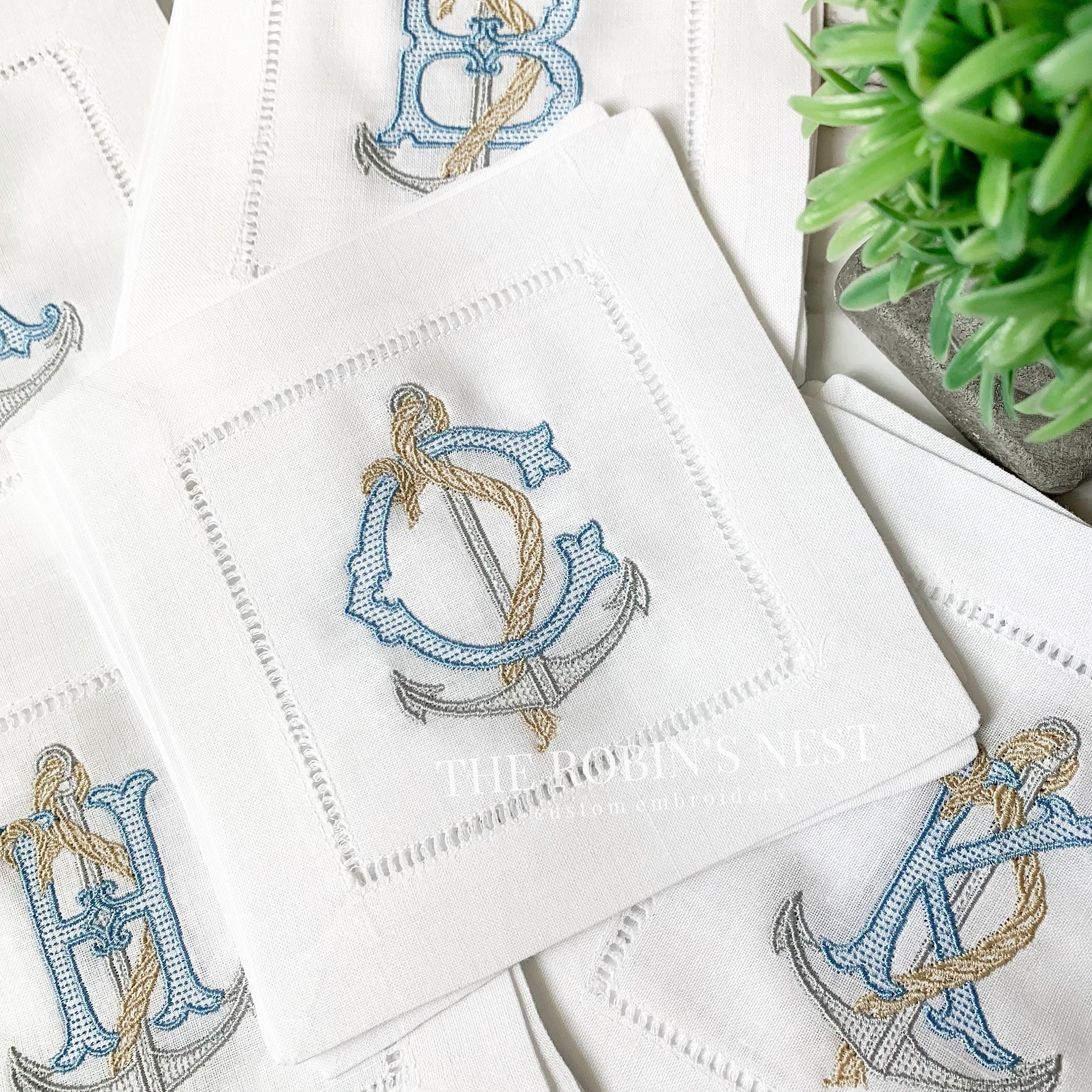Anchor Monogrammed Linen Cocktail Napkins Nautical