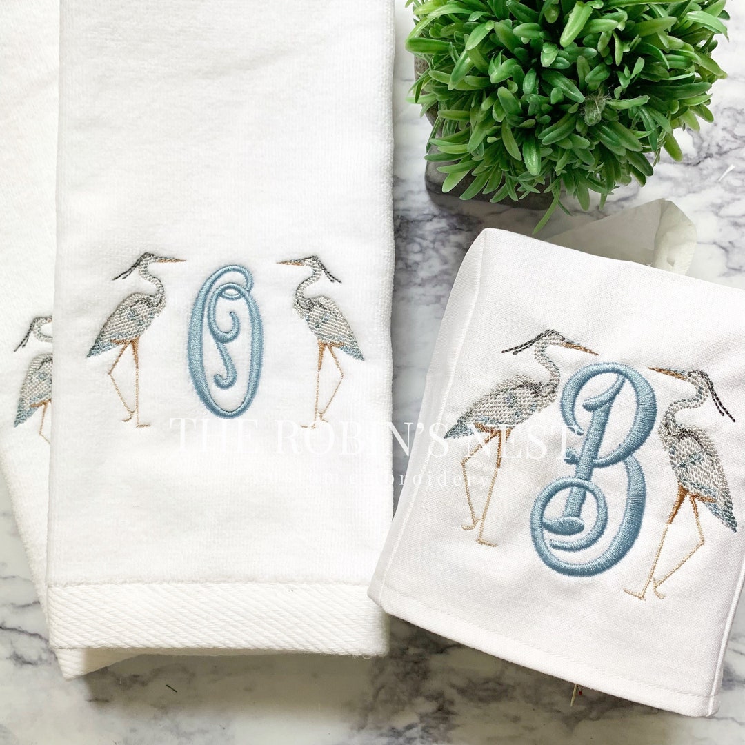 Monogrammed Great Blue Heron Velour Hand Towels and Monogrammed Linen Tissue Cover Bathroom Hand