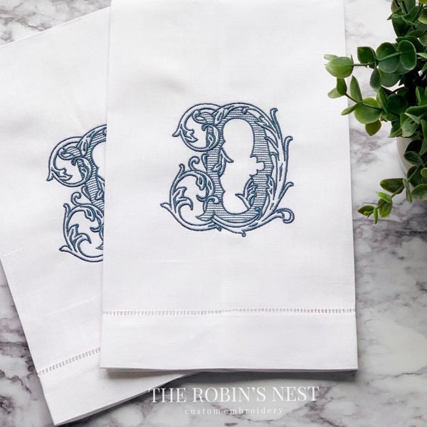Monogrammed Vintage Vine Linen Hemstitched Guest Towels Custom Embroidered | Linen Tissue Box Cover