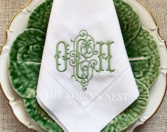 Serviettes de table monogrammées en coton lin ajouré brodées | Broderie personnalisée | La broderie Nid de Robin