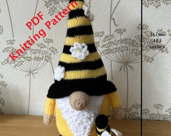 PDF Knitting Pattern - Bee Gnome - Knitted Bee Gnome/Gonk with Flowers