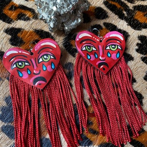Hand Painted Sad Heart Earrings with Red Fringe
