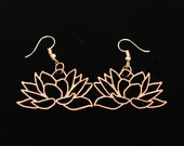 Organic Sacred Lotus cherry wood earrings, French hook, goldtone metal
