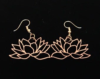 Organic Sacred Lotus cherry wood earrings, French hook, goldtone metal