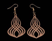 Art Nouveau Hourglass pattern cherry wood earrings, French hook wires, goldtone metal