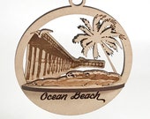 Ocean Beach Ornament: 3D Wood Pier & Palm Tree Souvenir