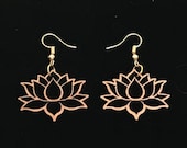 Organic Sacred Lotus cherry wood earrings, French hook, goldtone metal