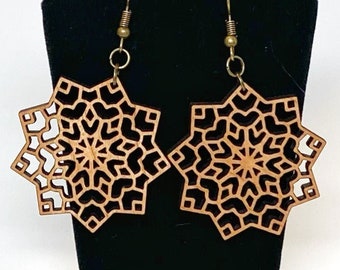 Mandala Style Snowflake Earrings, French hook, bronzetone metal