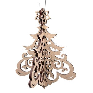 May include: A wooden Christmas tree ornament with a star on top. The ornament is made of layered, laser-cut wood with intricate scrollwork and a natural finish. It hangs from a thin string, perfect for holiday decor.