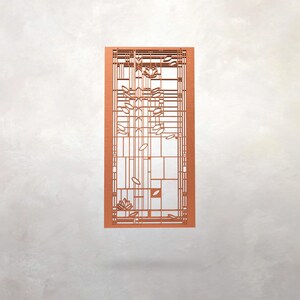 May include: Copper-colored, rectangular wall art with a geometric design. The art features a series of vertical and horizontal lines, creating a grid-like pattern. Floral and leaf-like cutouts are incorporated into the design, adding a natural element.