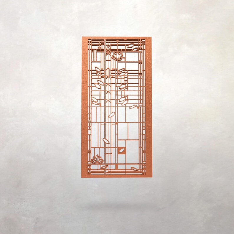 May include: Copper-colored, rectangular wall art with a geometric design. The art features a series of vertical and horizontal lines, creating a grid-like pattern. Floral and leaf-like cutouts are incorporated into the design, adding a natural element.