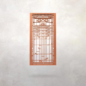 May include: A rectangular, copper-colored decorative panel with an intricate, geometric design. The panel features a symmetrical pattern of lines, squares, and floral motifs, creating a visually appealing, openwork design. The panel is ideal for wall decor.