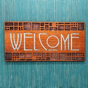 Arts & Crafts Architectural Wood Panel | Welcome | Ernest Batchelder | Sign | Mission Decor | Wall Art | Prairie School Decor | 5" x 11" zdjęcie 2