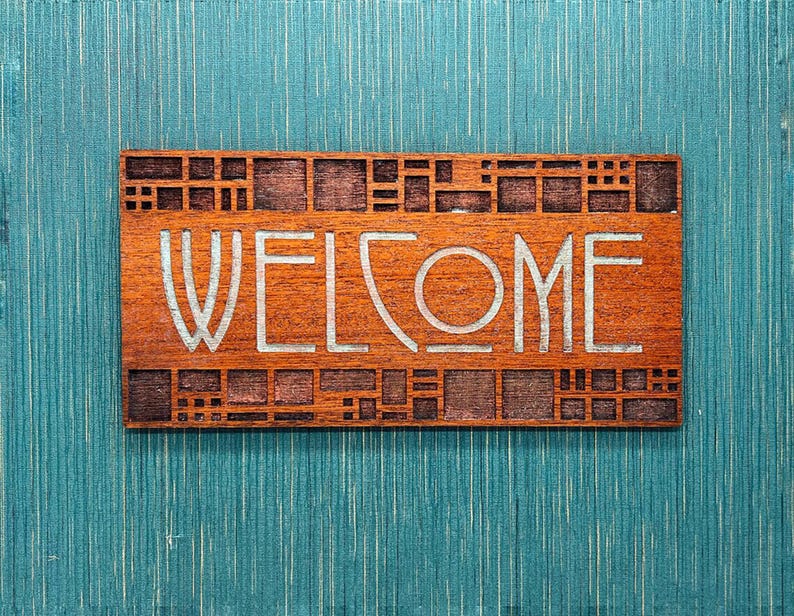 Arts & Crafts Architectural Wood Panel | Welcome | Ernest Batchelder | Sign | Mission Decor | Wall Art | Prairie School Decor | 5" x 11" zdjęcie 2