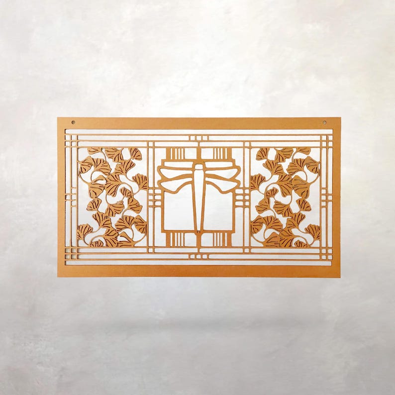 Arts & Crafts Architectural Wood Panel | Dragonfly Gingko | Mission Style | Wall Art | Prairie School Decor | 18.5" × 10.5" × .125" image 1