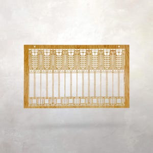 May include: A rectangular wooden decorative panel with a geometric design. The panel has a light brown wooden frame and a detailed cutout pattern in a lighter shade of brown. The design includes vertical and horizontal lines, creating a symmetrical, architectural aesthetic.