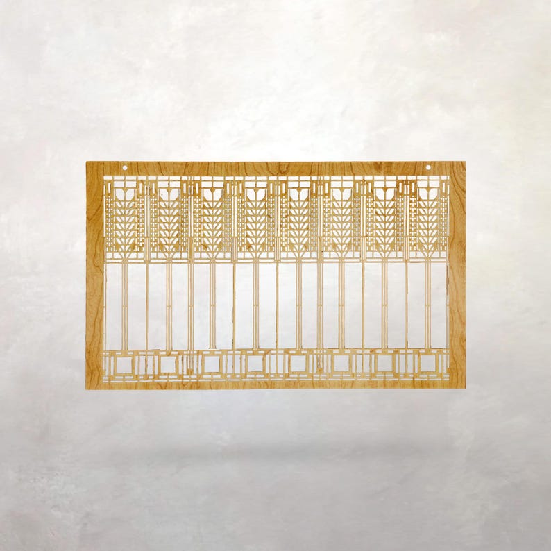 May include: A rectangular wooden decorative panel with a geometric design. The panel has a light brown wooden frame and a detailed cutout pattern in a lighter shade of brown. The design includes vertical and horizontal lines, creating a symmetrical, architectural aesthetic.