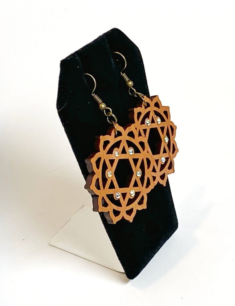 bronzetone metal French hook Mandala Style Sacred Lotus Earrings with Aurora Borealis Crystals