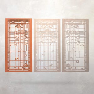 May include: Three rectangular decorative panels with a geometric design featuring floral and leaf motifs. The panels are in shades of orange, white, and beige. The design is cut out, creating an open, airy feel. The panels are suitable for home decor.
