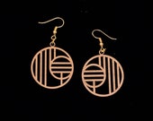 Frank Lloyd Wright inspired circles wooden earrings, French hook, goldtone metal