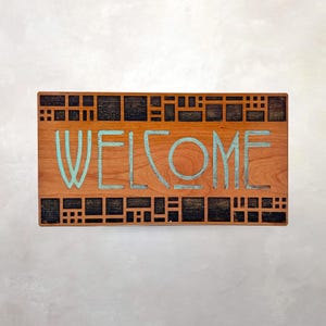 Arts & Crafts Architectural Wood Panel | Welcome | Ernest Batchelder | Sign | Mission Decor | Wall Art | Prairie School Decor | 5" x 11" zdjęcie 1
