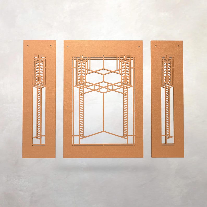May include: Three-piece copper-colored wall art with geometric cut-out designs. The central panel features a complex pattern of hexagons and lines, flanked by two narrower panels with vertical designs. The art has a modern, architectural aesthetic.