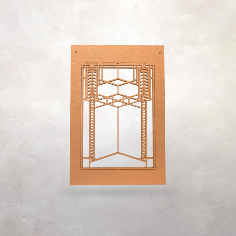 May include: A rectangular, copper-coloured wall art piece with a geometric design. The artwork features a layered, openwork pattern of lines, angles, and shapes, creating a three-dimensional effect. The design is reminiscent of architectural elements.