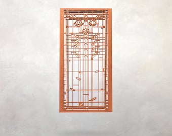 Könnte beinhalten: Rechteckige, kupferfarbene Dekorplatte mit einem aufwendigen, geometrischen Design. Die Platte weist ein symmetrisches Muster aus Linien, Quadraten und floralen Motiven auf, wodurch ein durchbrochenes Design entsteht. Ideal für die Wanddekoration.