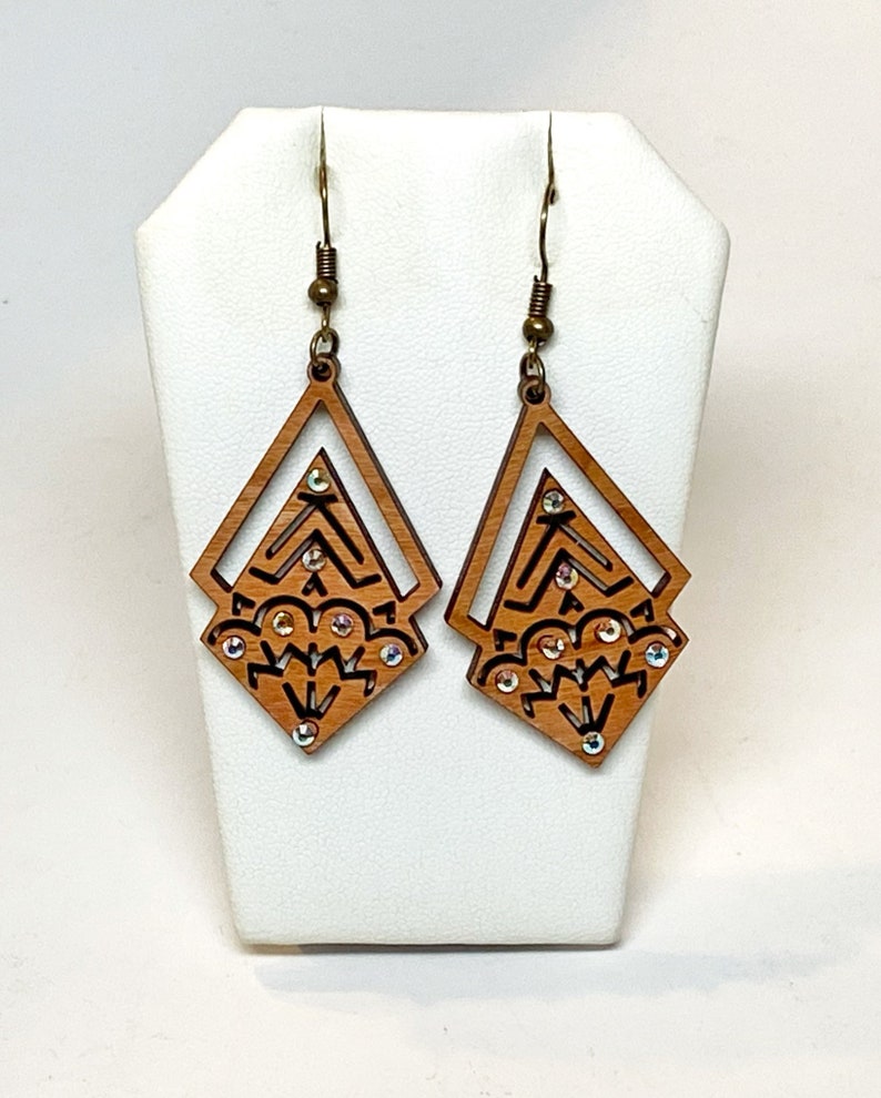 bronzetone metal French hook Mandala Style Sacred Lotus Earrings with Aurora Borealis Crystals