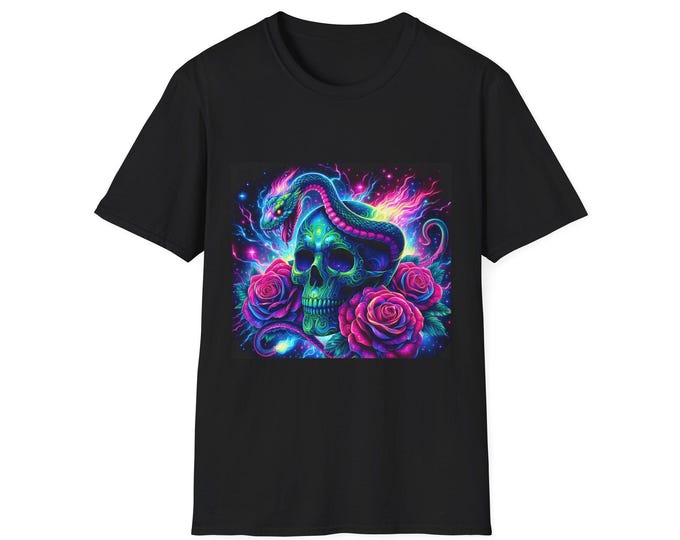 Neon Serpent Skull Graphic Tee | Vivid Roses, Cosmic Glow