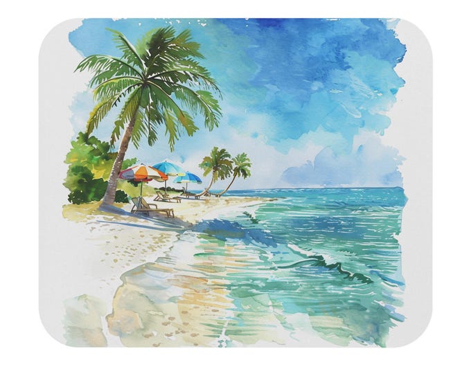 Tropical Beach Watercolor Mouse Pad | Palm Trees, Sea, Sand