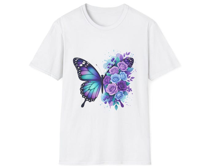 Purple Blue Butterfly with Roses T-Shirt | Floral Monarch Tee