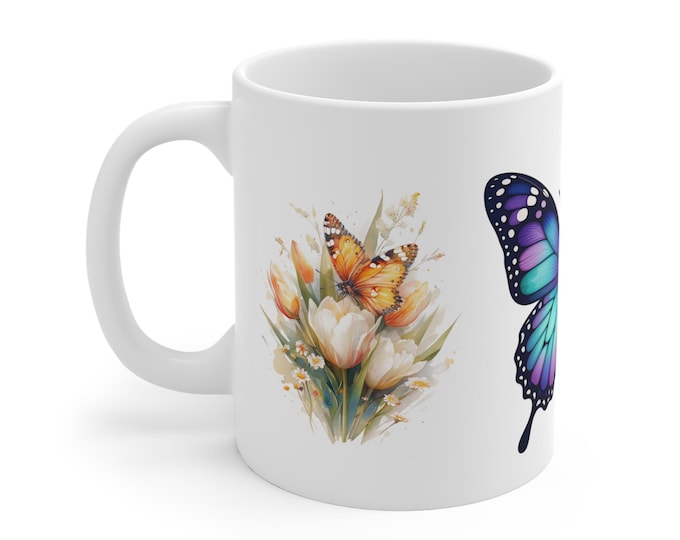 Abstract and Realistic Combo Imagery Butterfly Mug | Floral Roses and Tulips Ceramic Coffee Cup